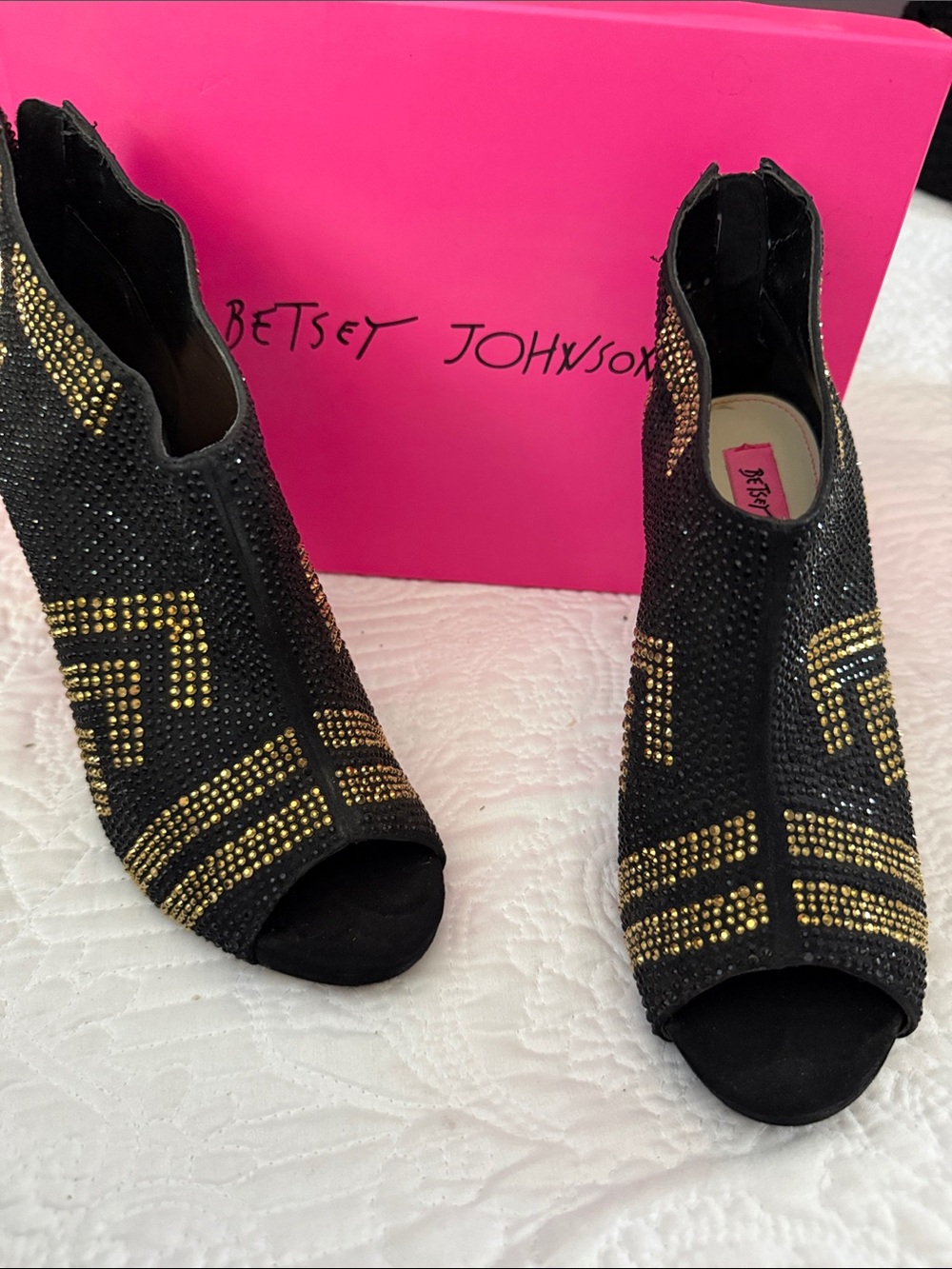 Betsey Johnson rhinestone-embellished stiletto peep toe booties